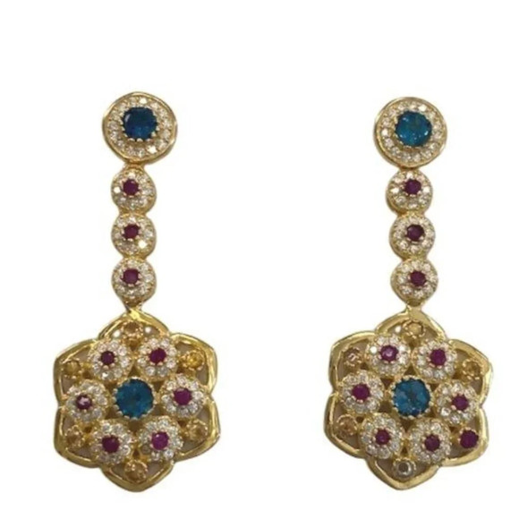 Gold Plated Sterling Silver Topaz Ruby CZ Dangle Earrings - Picture 5 of 7